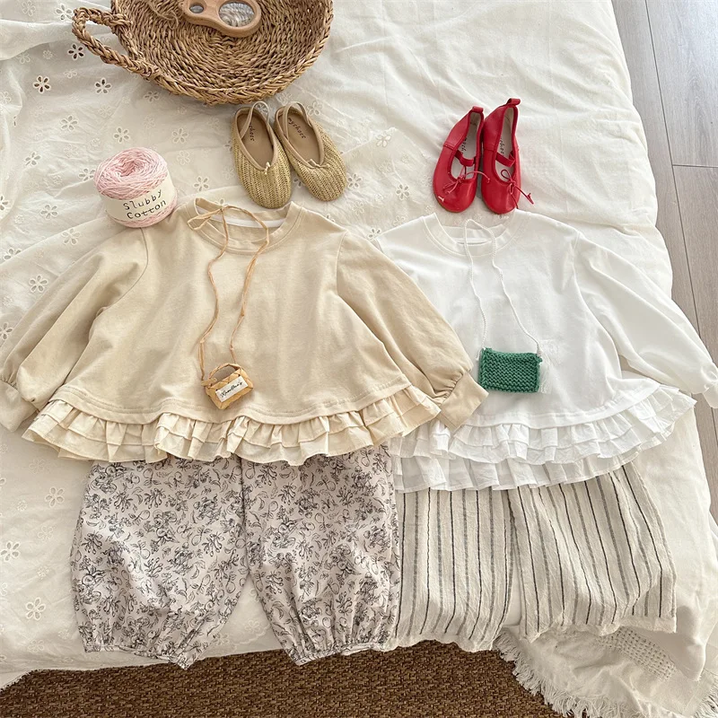 Spring and Summer New Children's Simple Vertical Striped Pants for Girls and Baby Korean Version Lace Elastic Waist Pants