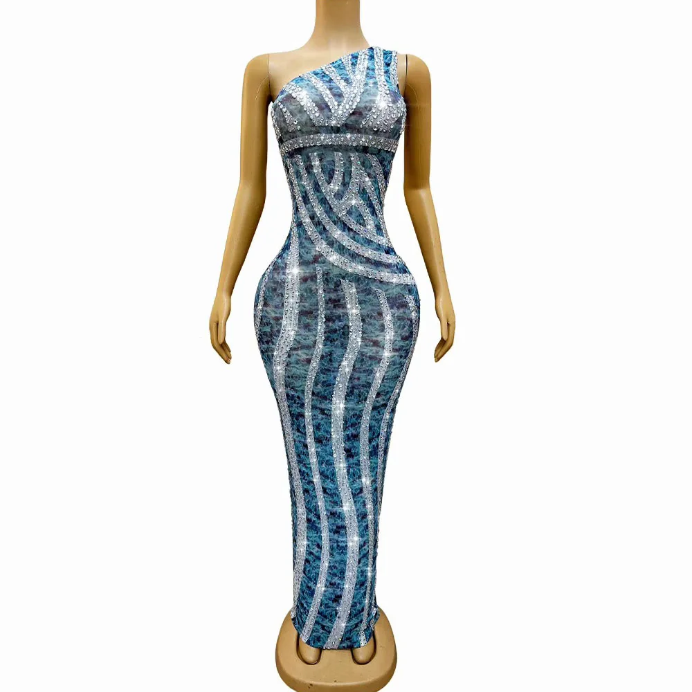 

Sexy Twinkling Rhinestones One shoulder Cultivation Mesh Dress Women Evening Prom Gowns Red carpet Show Photoshoot Stage Wear