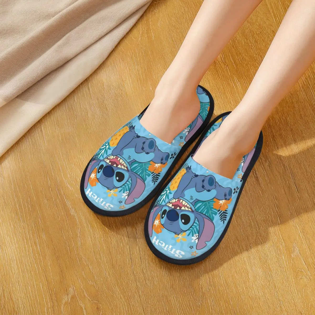 Winter Slippers Cute Cartoon Stitch Accessories Household Fur Slippers Slides Living Room Soft Non-skid Slides