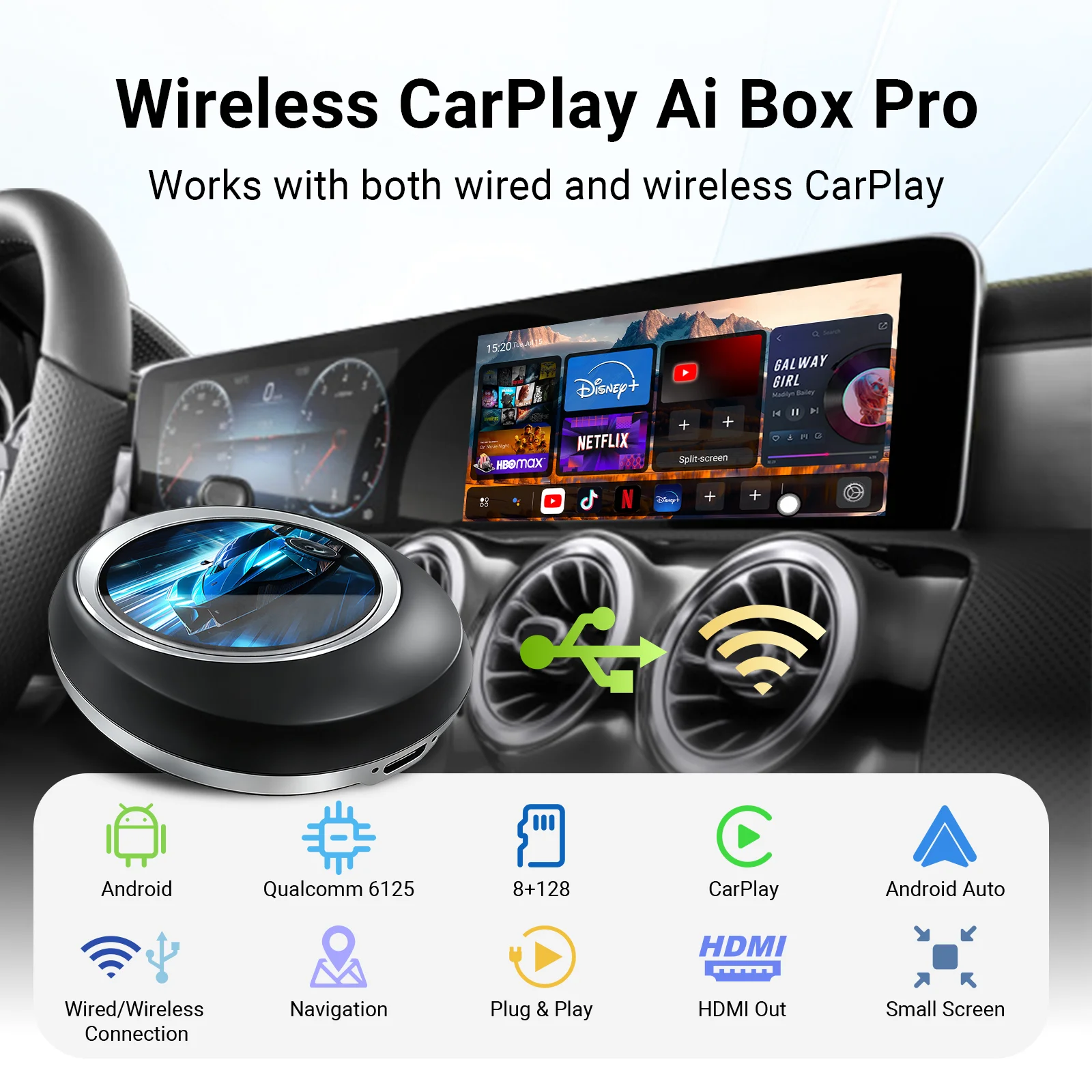 Ezonetronics CarPlay AI Box Wired & Wireless CarPlay, Support for BMW Android 13, 8GB+128GB, Dual WiFi, 4G SIM, HDMI Output