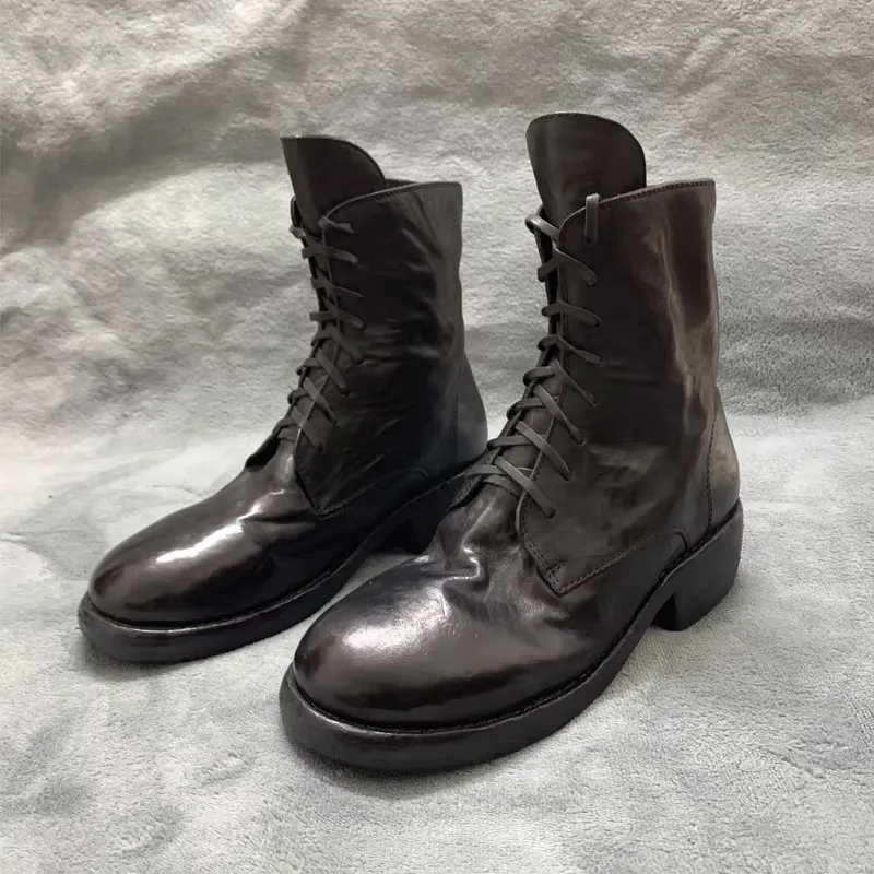 

Мужские высокие ботинки ручной работы из натуральной кожи, рабочая обувь до середины икры, уличные модные женские ботильоны, трендовые мотоциклетные ботинки на открытом воздухе