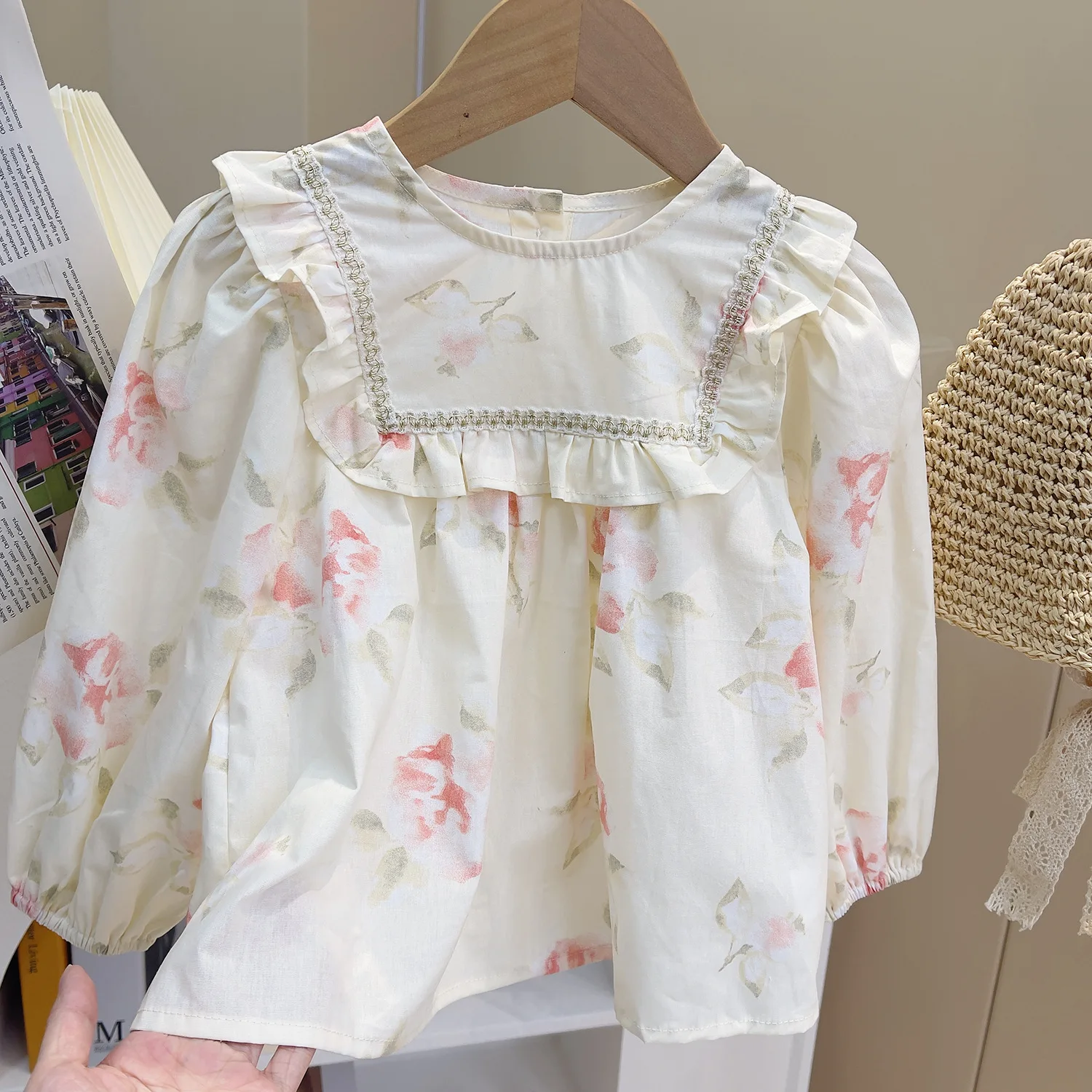 2023 autumn new ruffled girls printed shirts long-sleeved blouse + embroidered jeans Pants two-piece clothes suit