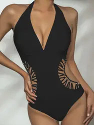 2021 Black One Piece Swimsuit Women Swimwear Sexy V Neck High Cut Swimming Suit Female Monokini Bodysuit Beach Bathing Suit Swim