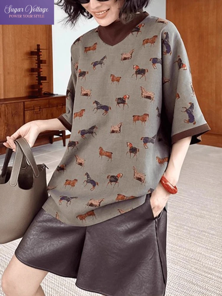 

Y2k Harajuku Loose Graphic T Shirt Women Vintage Horse Print Contrast Trim Summer Drop Shoulder Oversized Cute Streetwear Tops