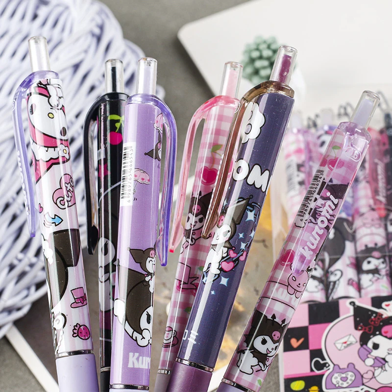 Kawaii Sanrio Gel Pen, Hello Kitty, Minha Melodia, Kuromi, Cartoon ST, Secagem Rápida, Preto 0.5mm, Press The Ballpoint Pen, Bonito, 6Pcs