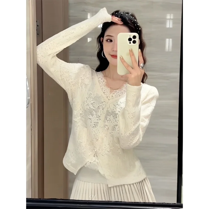 

Ele Hollow out Knitted White Top Women's Base irt Inner Wear Design Sensation Spring Faion New Sle V-Ne Long Sve