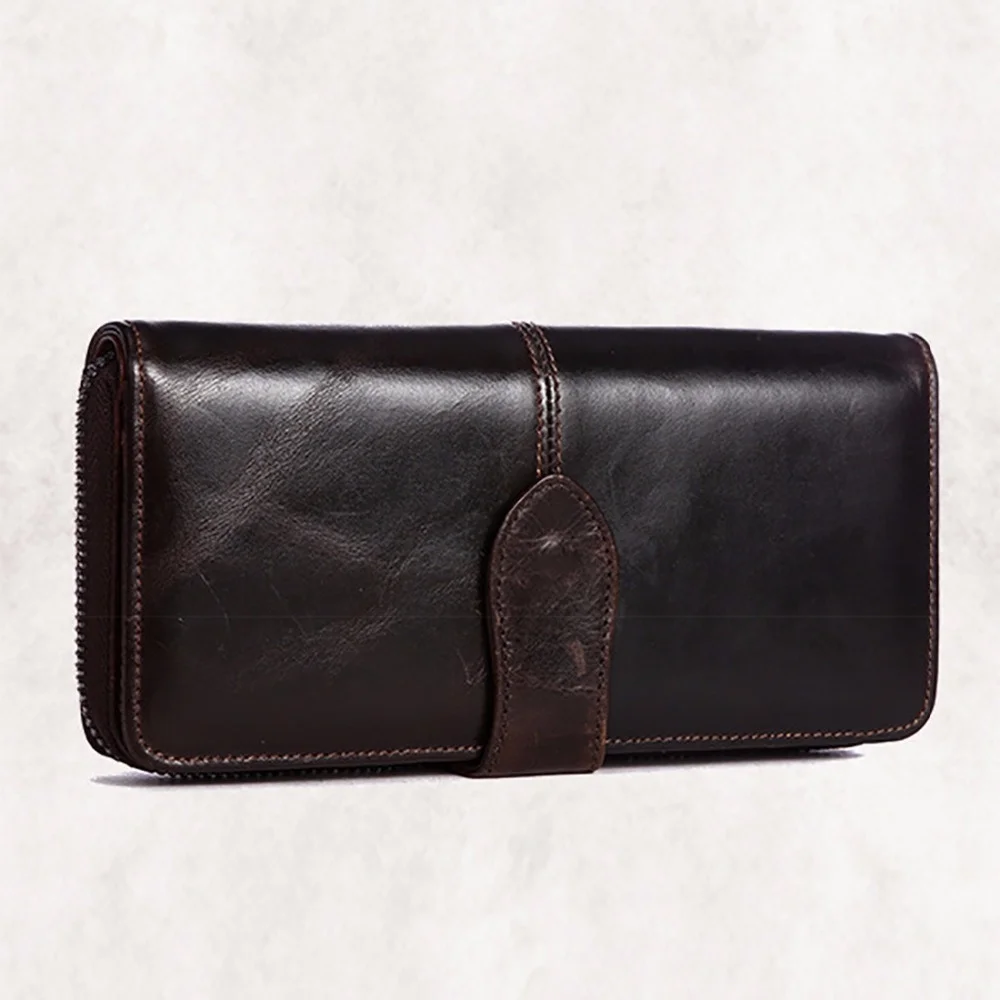 High Quality Oil Wax Genuine Leather Long Wallet Men Famous Brand Clutch Bag Zipper Cash Pocket Card Holder Vintage Bifold Purse