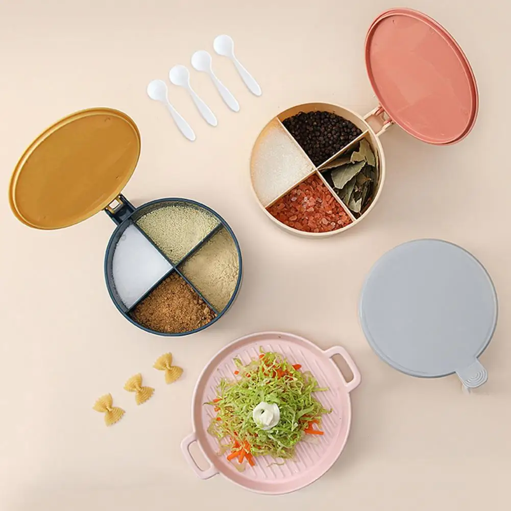 Seasoning Box with Spoon Versatile Seasoning Box with Spoon Nordic Style 4-compartment Seasoning Box with Lid Easy Grip Plastic
