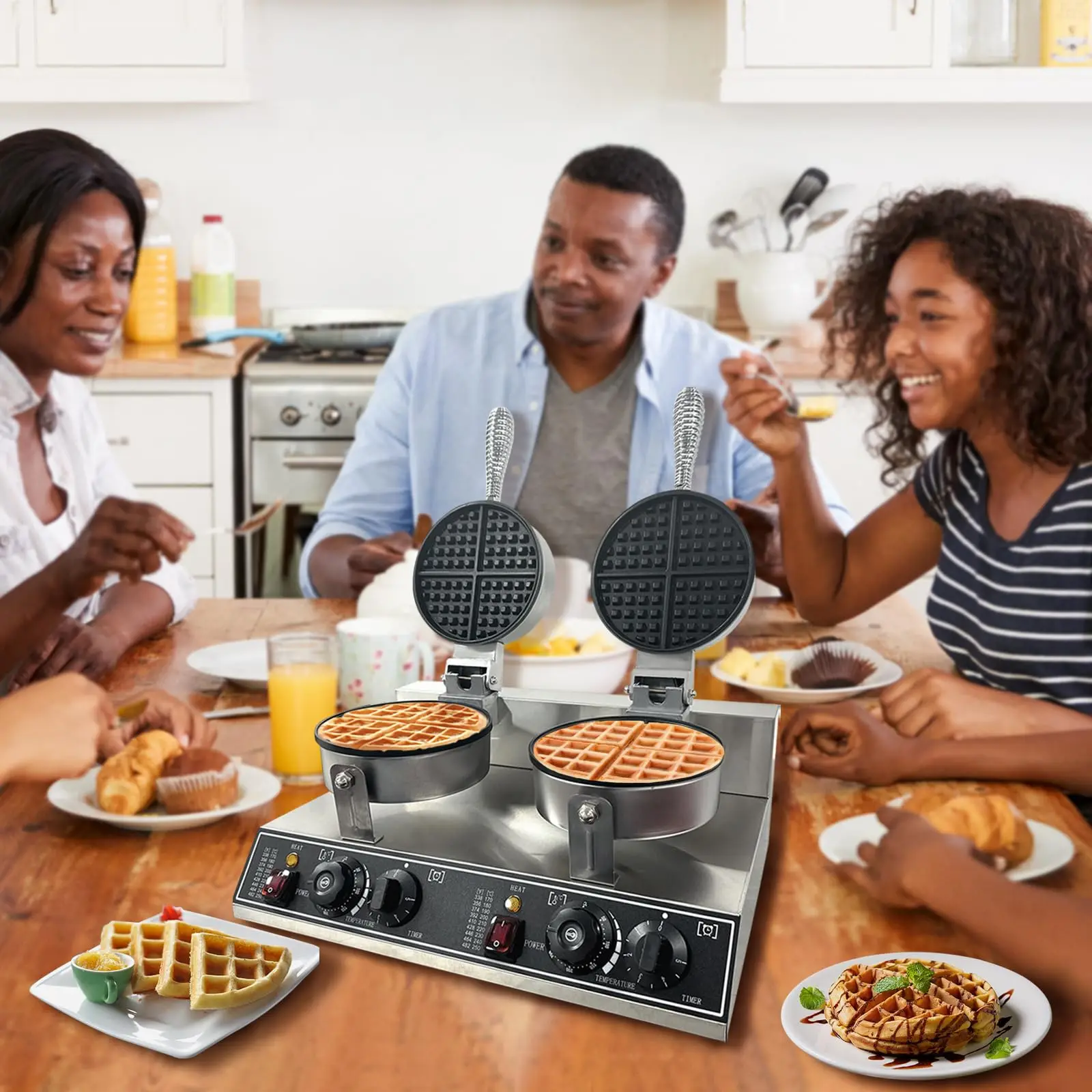 1200W/2400W Commercial Waffle Maker Machine 122℉-572℉ Precise Temp Time Control Nonstick Stainless Steel For Home Restaurant