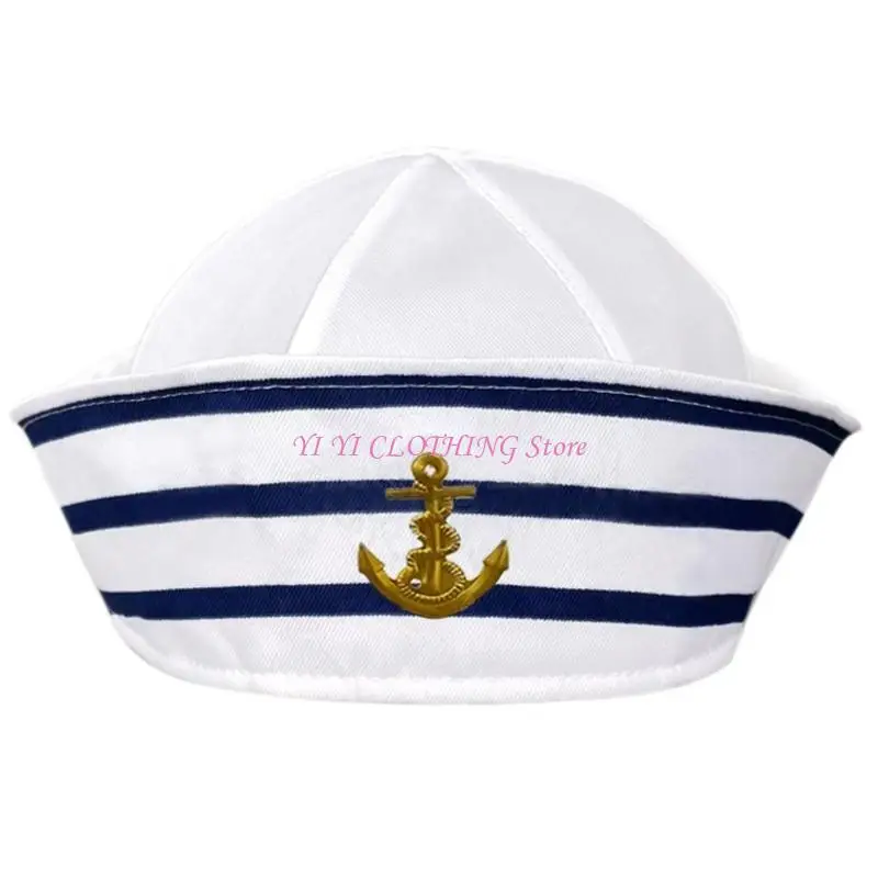 N5KF Sailors Ship Captain Hat White& Blue Hat Adult Teens Marine Cosplay Hat