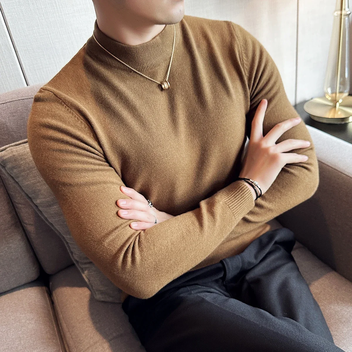 

Semi Turtleneck Sweater Men Winter Fashion Long Sleeves Knitted Pullovers Men Tight-Fitting Solid Color Simple Slim Fit Sweaters