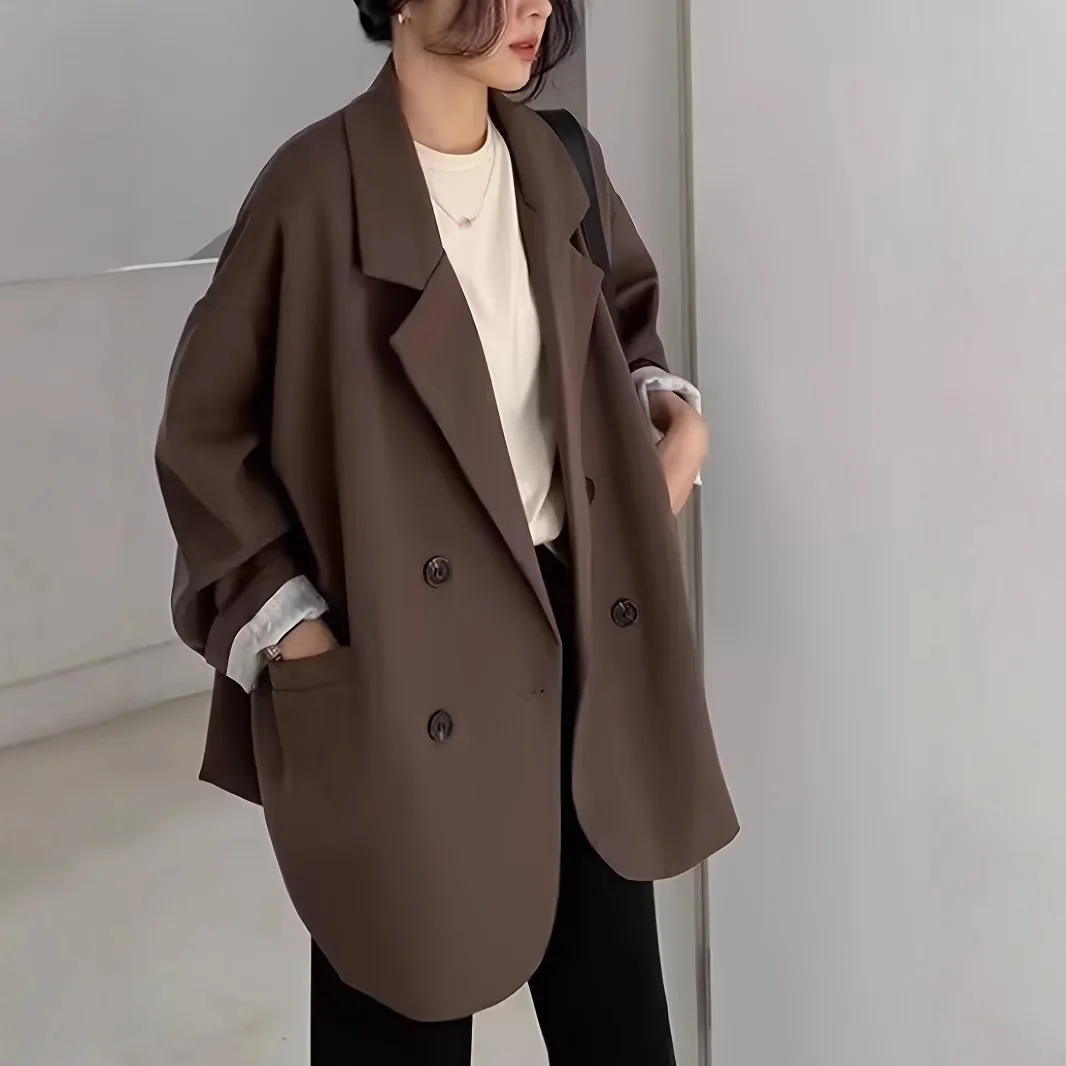 أزياء المرأة مع جيوب الصلبة مزدوجة الصدر السترة خمر طويلة الأكمام محززة الرقبة الإناث مكتب سيدة وتتسابق