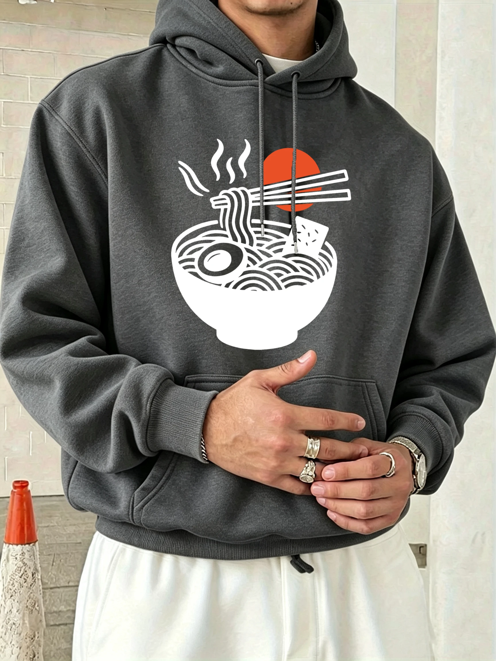 Steaming Lamian Noodles Prints Men All-Match Casual Streetwear O-Neck Fashion Hoodie Loose Fleece Pullover Autumn Daily Clothes
