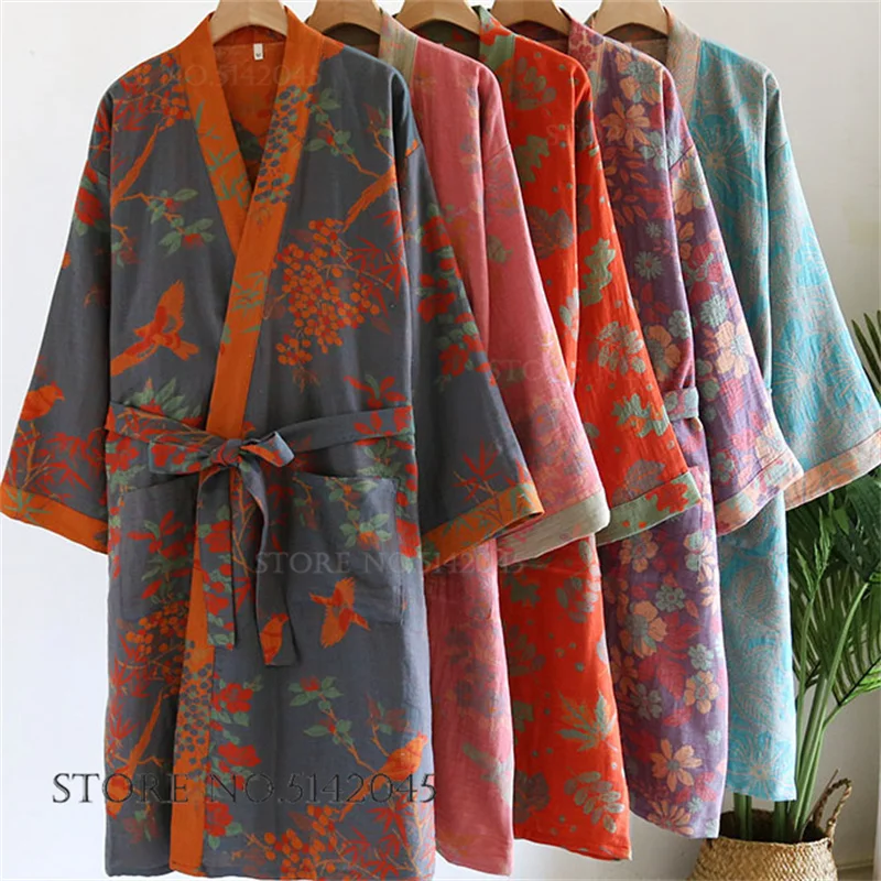 Female Japanese Retro Kimono Bathrobe Gown Yukata Print Flower Cotton Gauze Robe Sleepwear Loose Casual Home Dress Loungewear