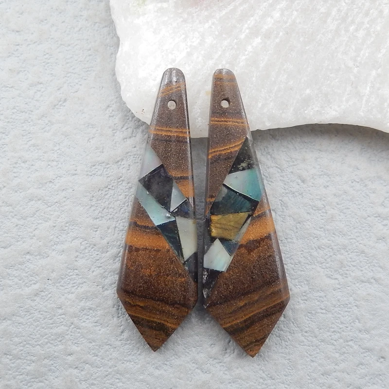 

New Arrival!! Special!! Sale 2 Pcs Boulder Opal,Labradorite,Diopside Intarsia Gemstone Pendant Bead Set,36x12x5mm6.5g