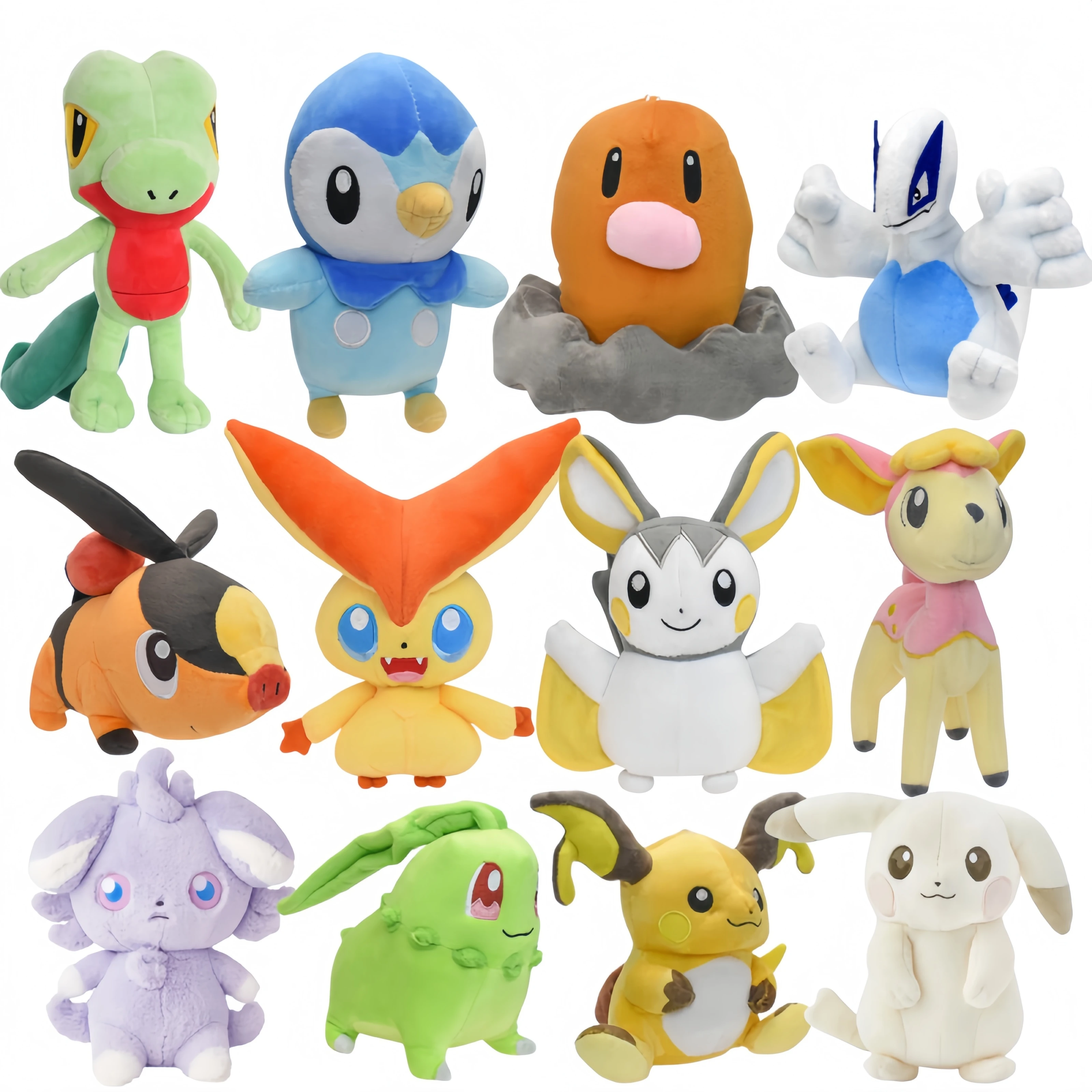 Peluches de Pokémon Pokopia Light Color: Pikachu, Victini, Tepig, Deerling, Nivy, Oshawott, Lugia, Treecko, Espurr, Morpeko