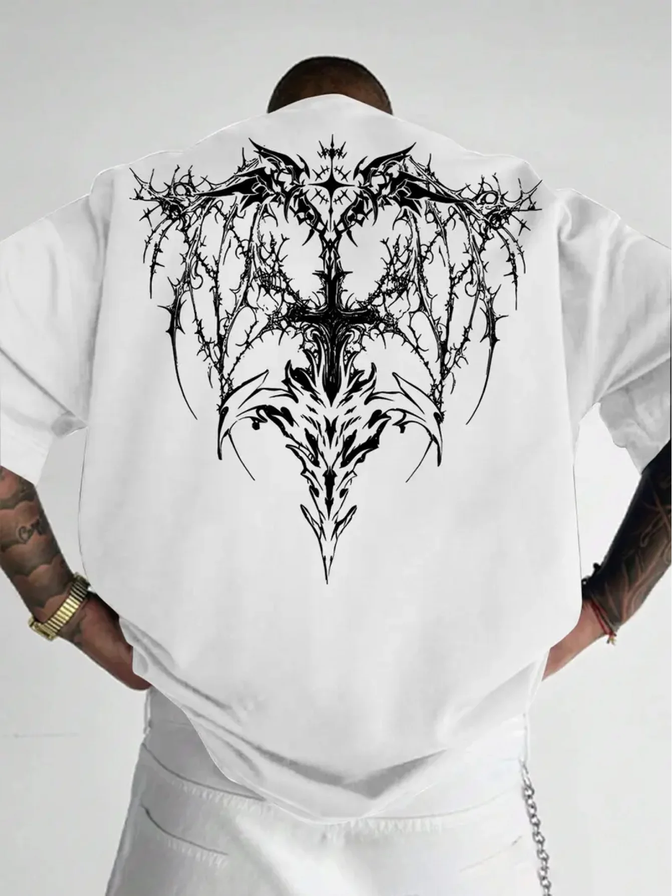 Gothic Thorn Cross Wing Graphic Print 100% Cotton Mens T Shirt for Summer Streetwear and Alternative Vibe