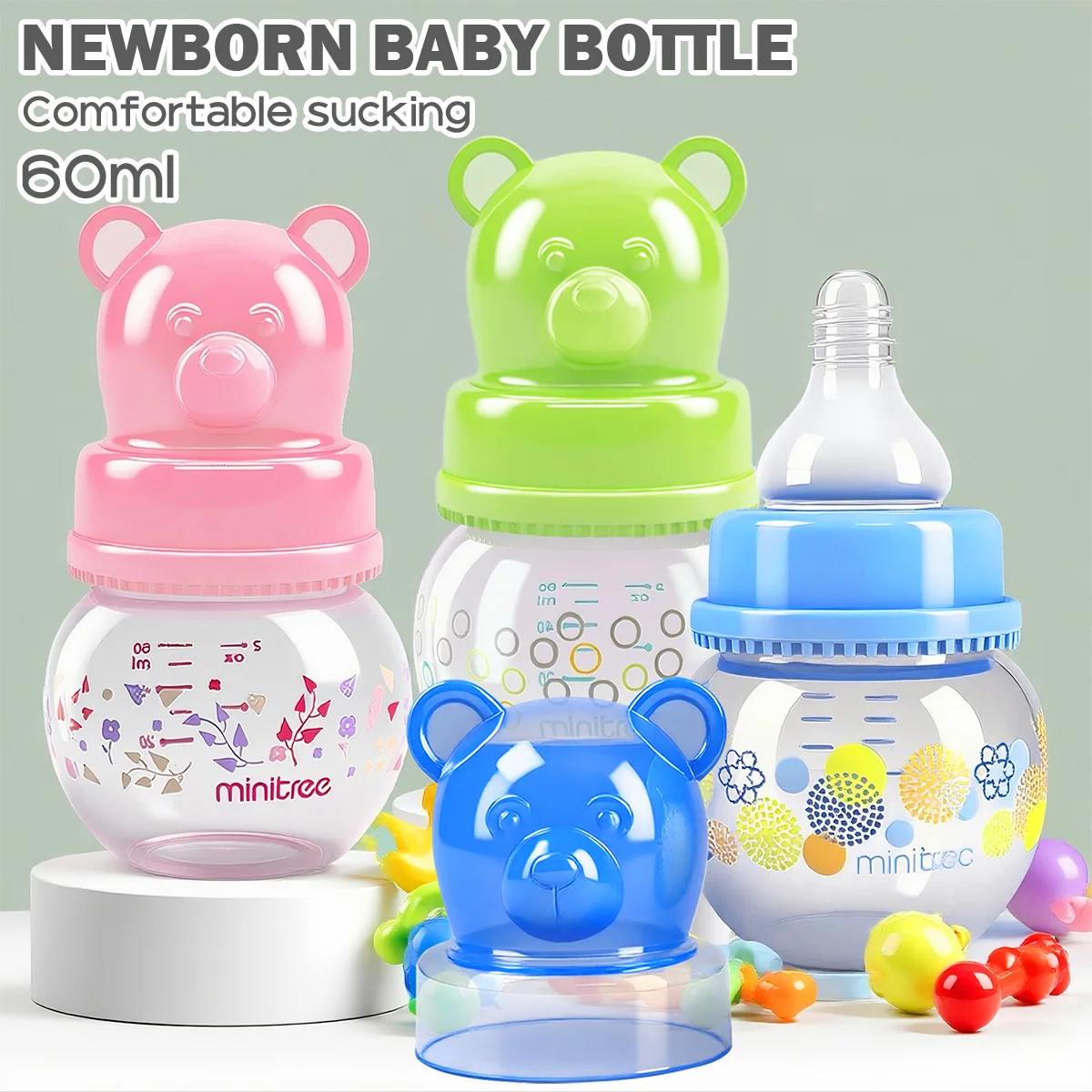 

Adorable Care Cartoon Bear-Shaped Baby Bottle 60ml Wide Neck Newborn Feeding Bottle with Cap, BPA-Free PP Materia