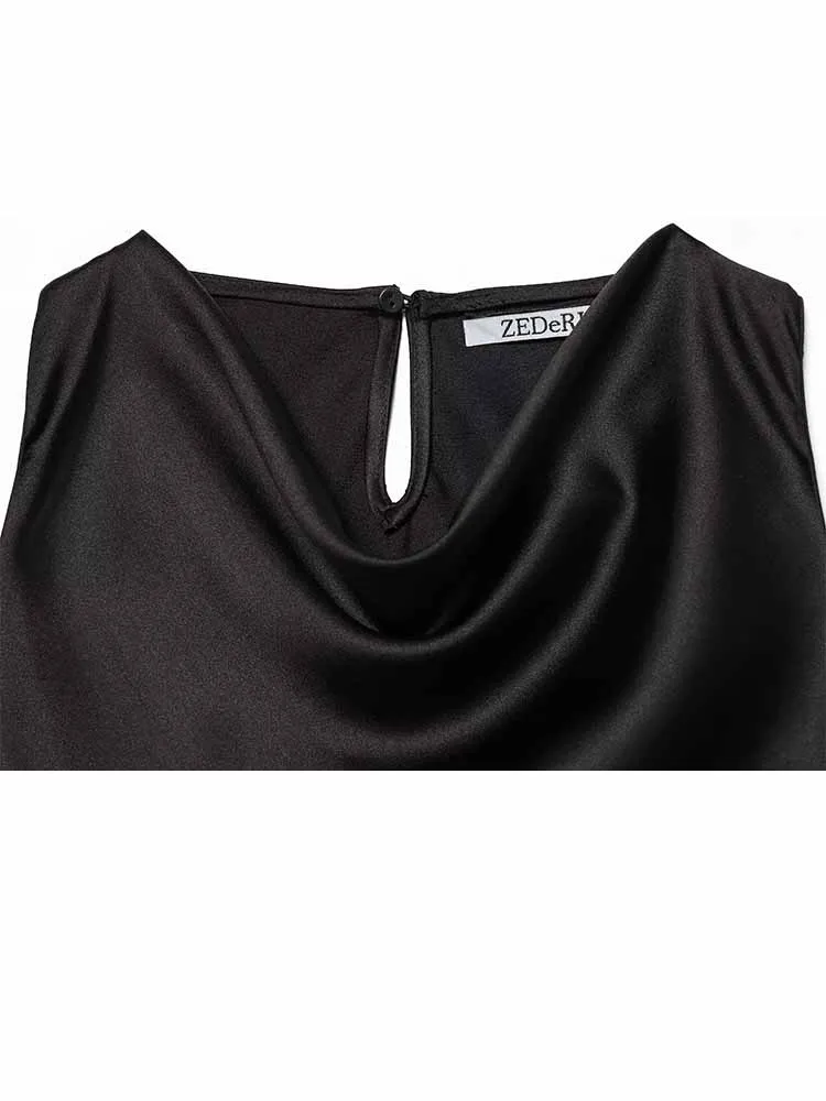 Hh nova mulher primavera moda sexy sem mangas seda cetim textura borla decoração bainha irregular longo topos feminino festa