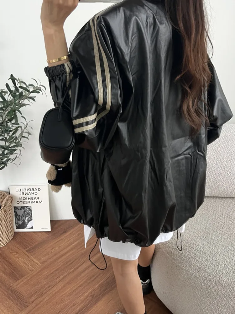 Slimming PU Leather Jaet Women's Loose Biker Sle Stand Collar Double Bar Outerwear Faionable Casual Loose Fit Ladies' Coat