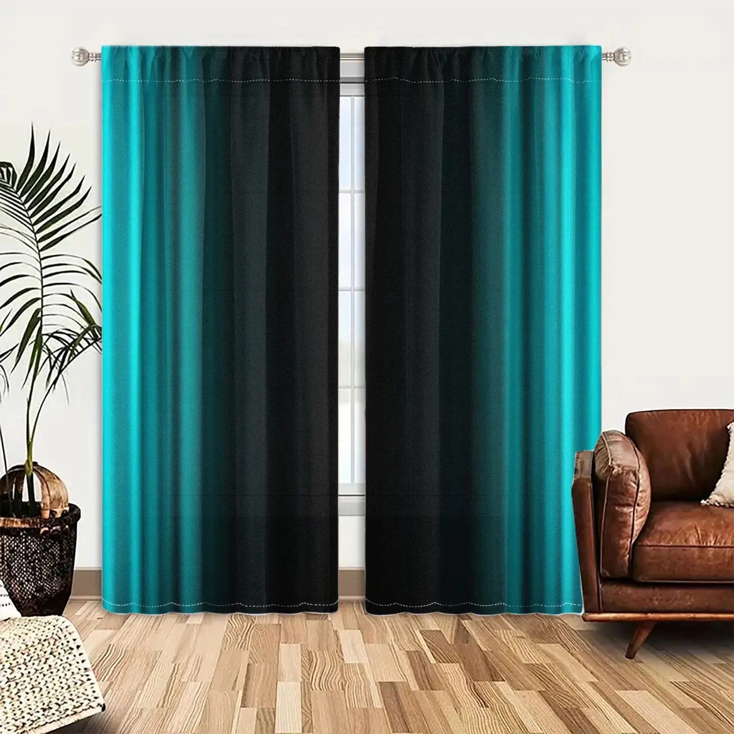 

1Set/2pcs Curtains, Blue Black Center Curtains. Rod Pocket Window Drapes, For Bedroom Living Room Decoration Window Treatment.