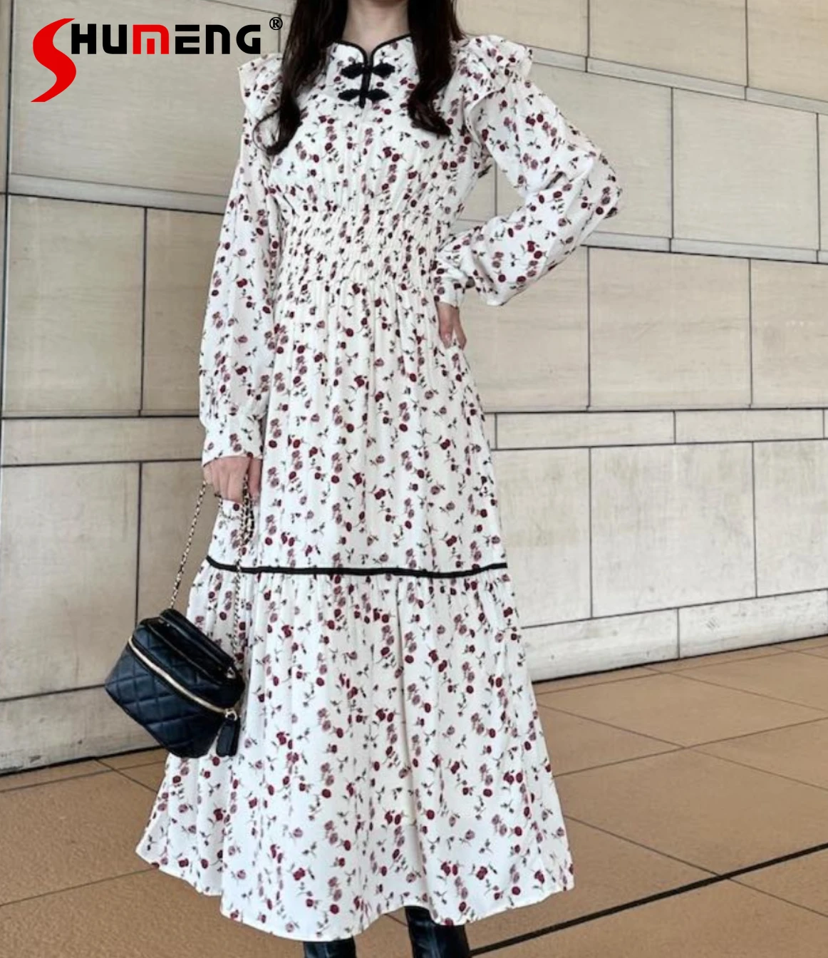 Chinese Style Knot Buckle Small Floral Dress for Women 2024 Spring New Sweet Elegance Long Puff Sleeve Slimming Waist Dresses