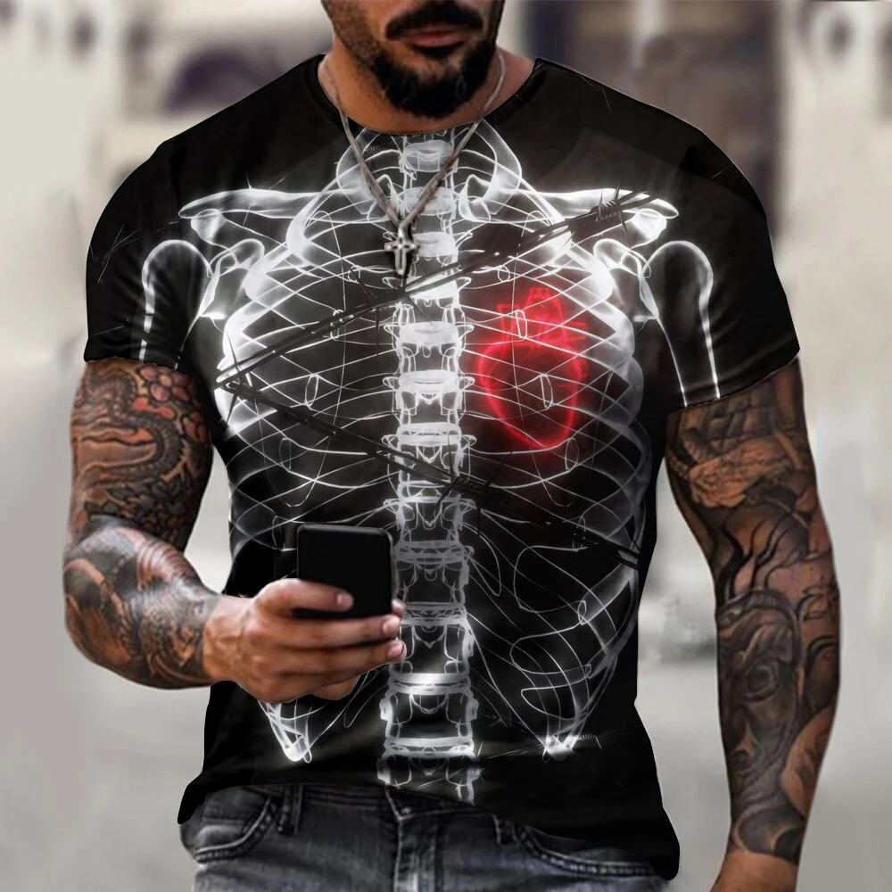 Camisetas de esqueleto de terror para hombres y mujeres, ropa de calle con estampado 3D de hueso aterrador, camiseta de manga corta de gran tamaño a