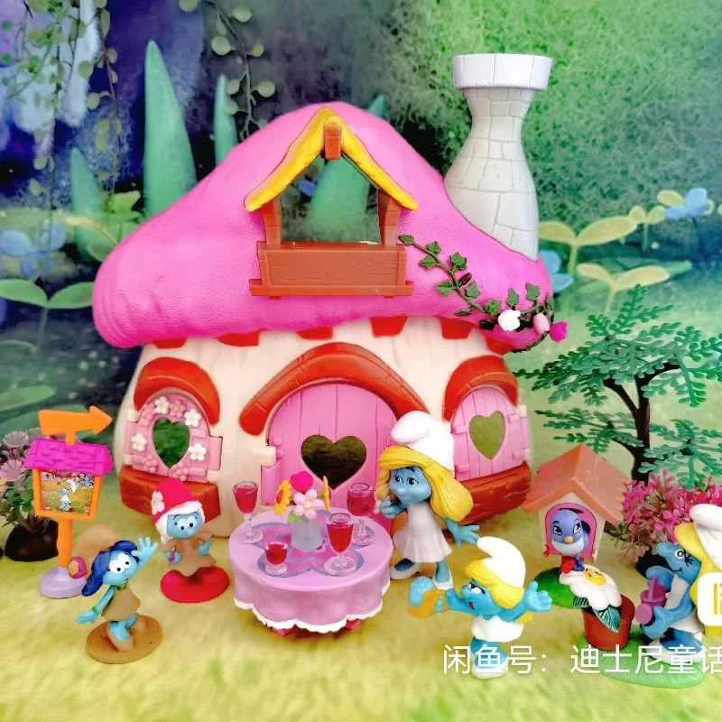 Smurfette Smurf Mushroom House Movable Joints Cartoon Characters Desktop Decor Collection Ornaments Nostalgic Toy Model