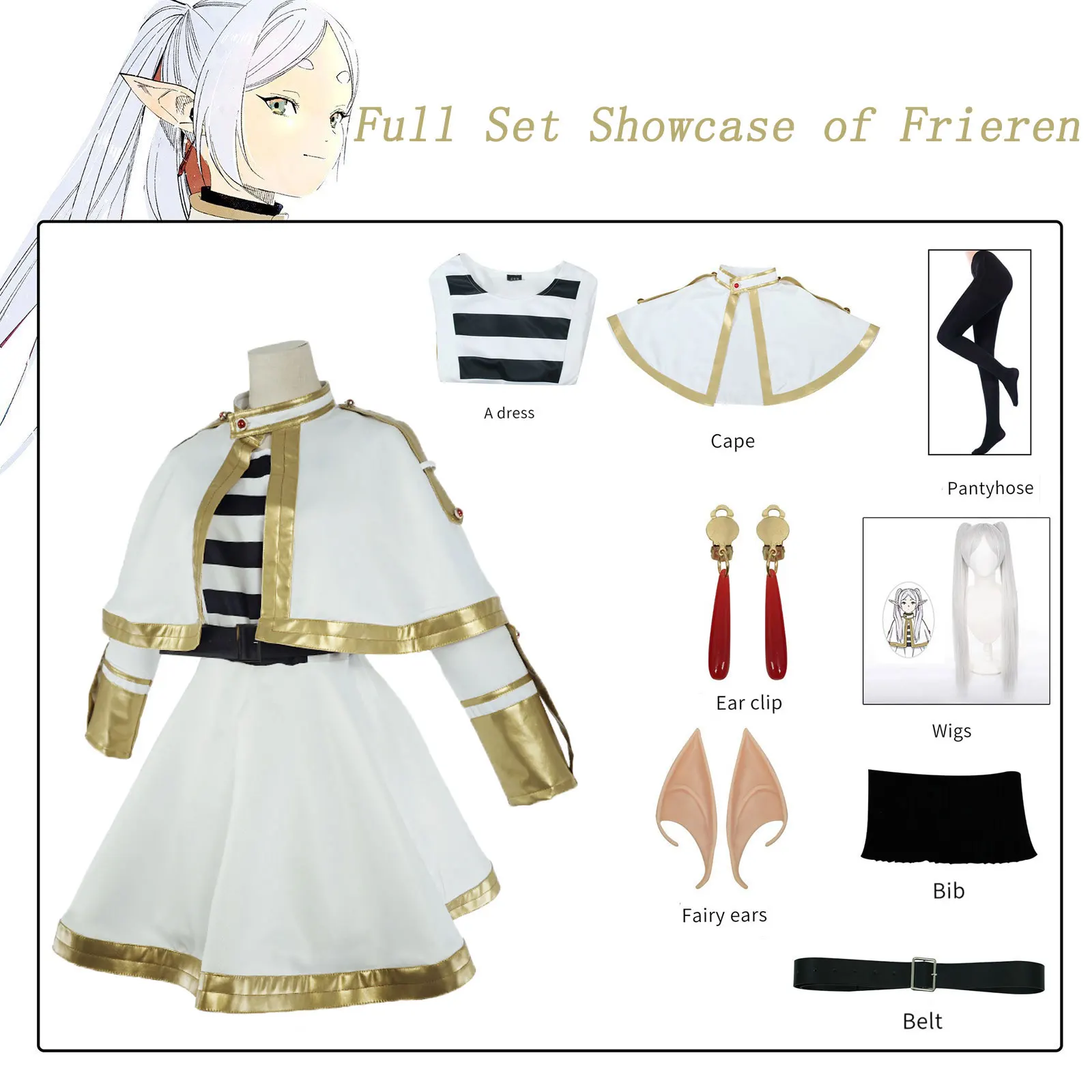 Frieren Beyond Journey's End Cosplay-Kostüm, Anime-Magierkleid, Elfenohren, Halloween-Party, Weihnachten, für Damen