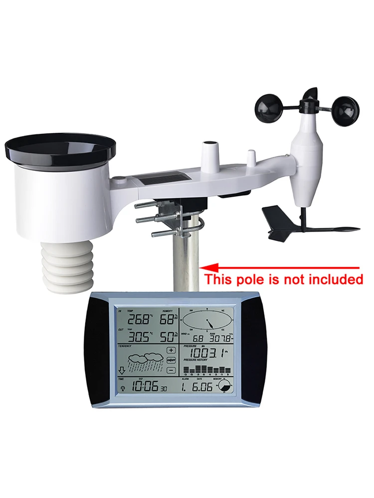 

Wireless weather station 1080 wirelessly transmits data to store temperature, humidity, wind speed, wind direction and rainfall.