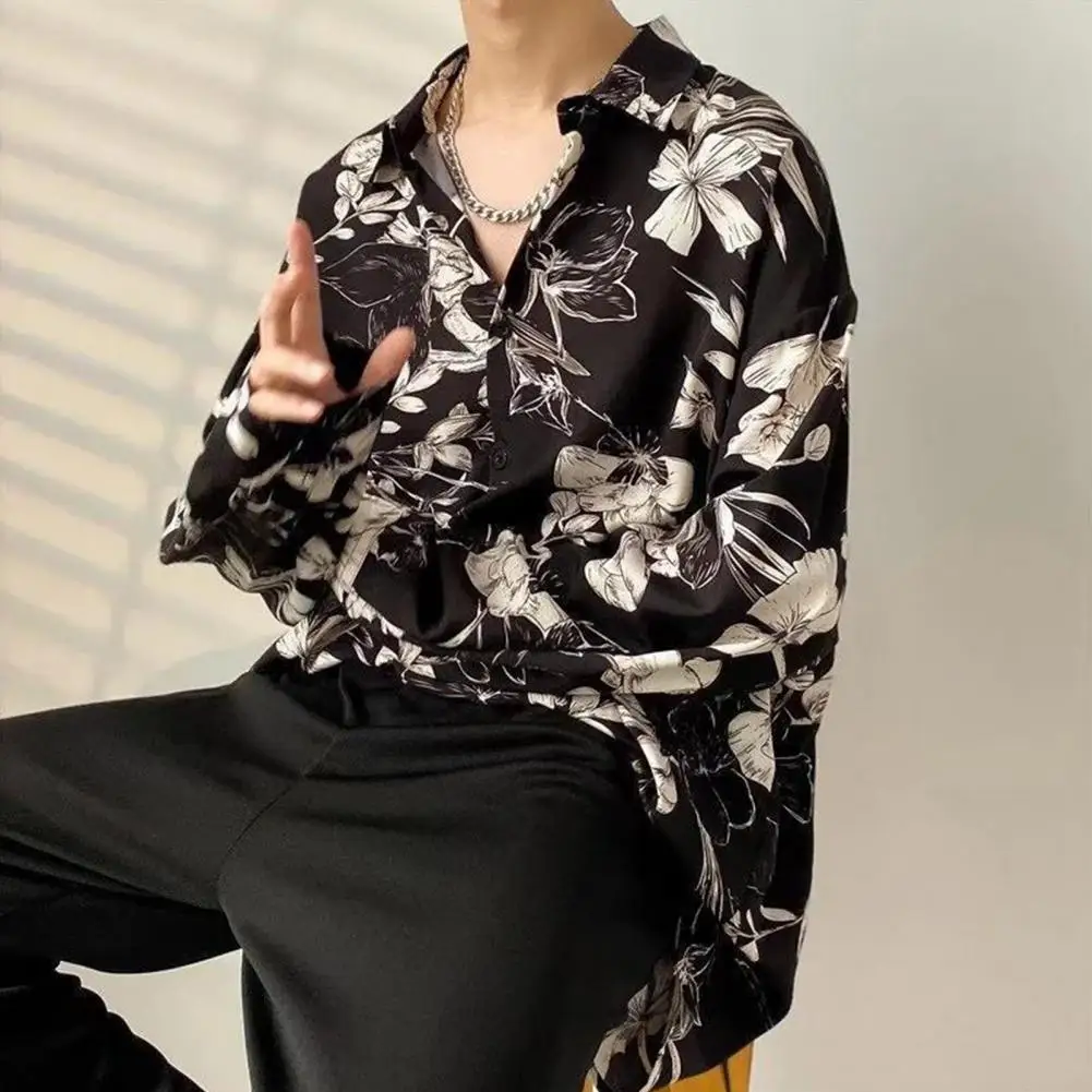 Casual Floral Shirt Vintage Floral Print Men's Cardigan with Retro Collar Long Sleeves Stylish Mid Length Top for Spring Fall