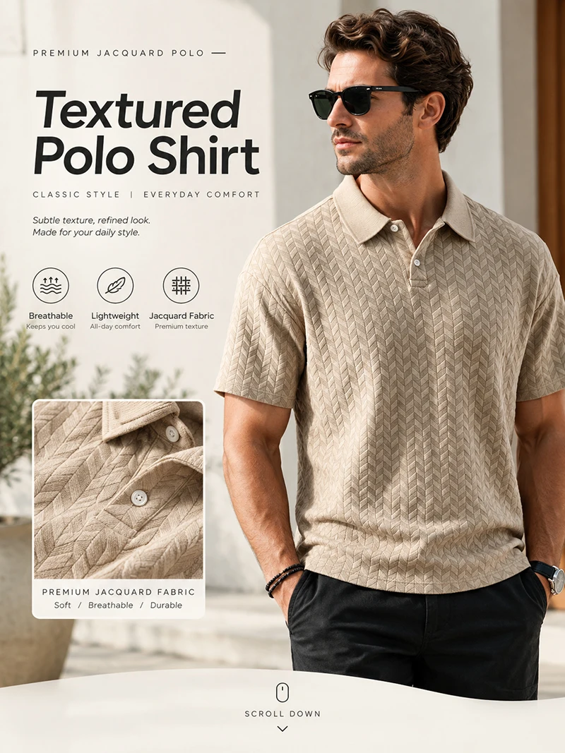 Herren-Poloshirt mit strukturiertem Jacquard-Muster, kurzärmelig, lockere Passform, vielseitig einsetzbar, für den Alltag, für den Urlaub, für die Freizeit, für den Sommer, Freizeitoberteile – Detail 1