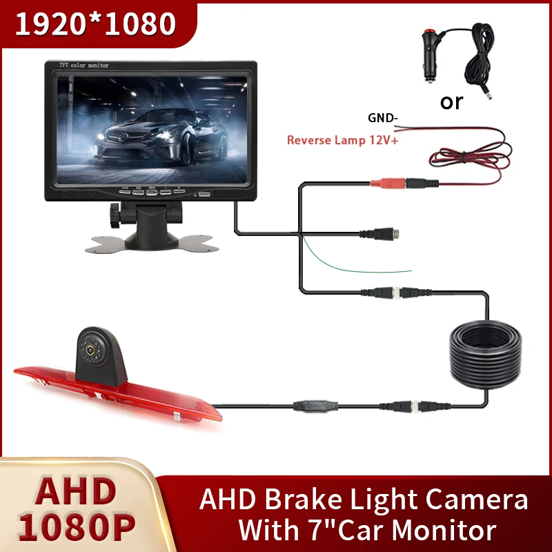 AHD 1080P Golden lens Car Brake Light Rear View Reverse Camera With 7-inch Car Monitor For Ford Transit Van 2015-2020