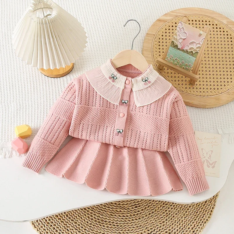 New Autumn Kid's Clothing Set 2-6Y Lace Collar Sweater Cardigans Pleated Skirt Girls 2Pcs Suit Children's Knit Outerwear Sets