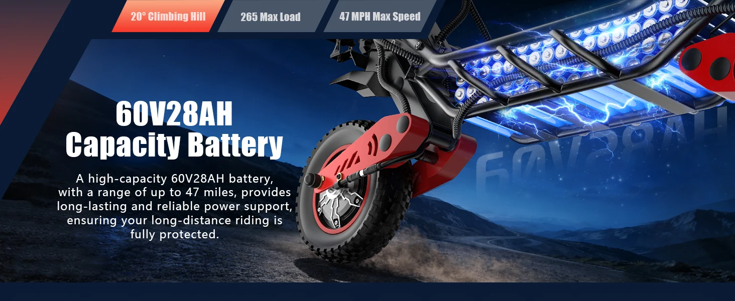FREEBOY H10 Elektroroller 6000W Doppelmotor 75km/h Höchstgeschwindigkeit 60-80KM Reichweite 60V 28AH Batterie 12 Zoll Offroad-Reifen Hydraulische Bremse Klappbarer Elektroroller für Erwachsene EU-Lager Schneller Versand 1 Jahr Garantie – Detail 3