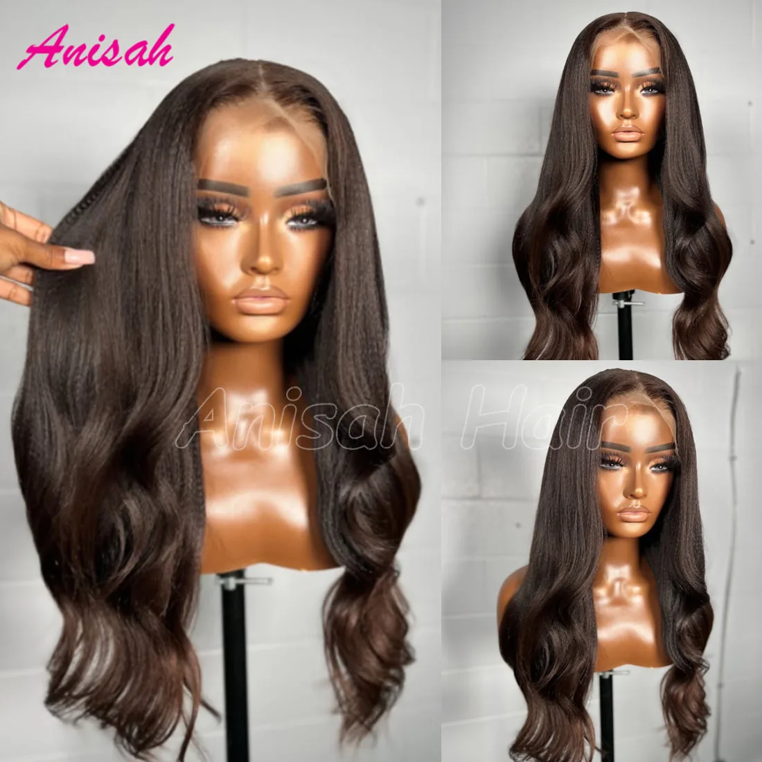 

Italian Yaki 13x4 Lace Front Human Hair Wigs Wavy Glueless Dark Brown Glueless Yaki Straight Lace Closure Wig for Women Prepluck