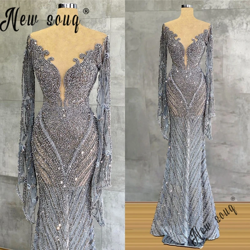 

Luxury Pearl Gray Heavy Beaded Diamonds Evening Dress Couture Deep V Neck Long Mermaid Celebrity Party Dresses Robe De Mariée