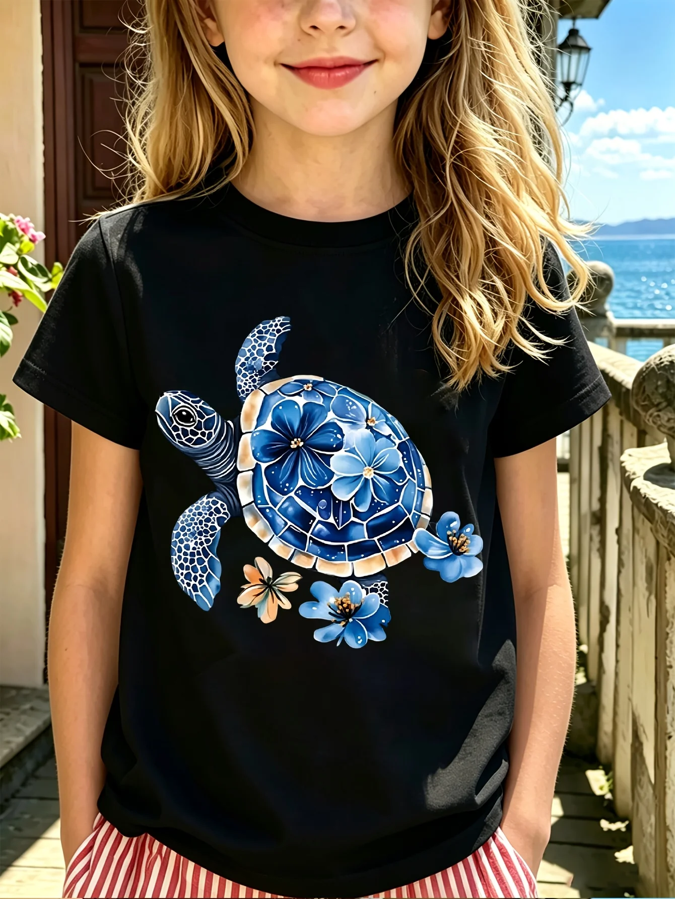 Boys Girls Family Matching Tee Beautiful Blue Flower Sea Turtle Art Print Short Sleeve Soft Cotton Kids Daily Outdoor Outfit