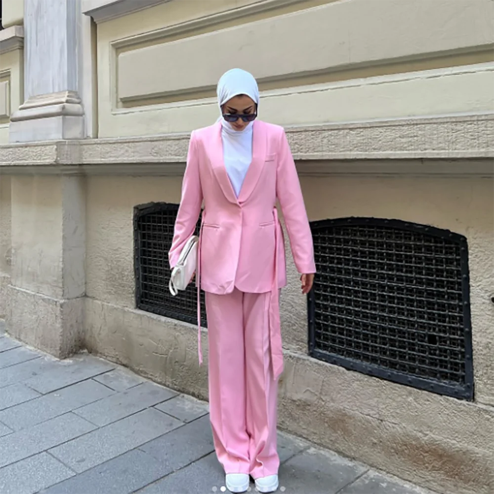 Set di pantaloni da donna rosa tenero con cintura Chic un bottone femminile due pezzi (giacca + pantaloni) conjuntos feminininos elegantes