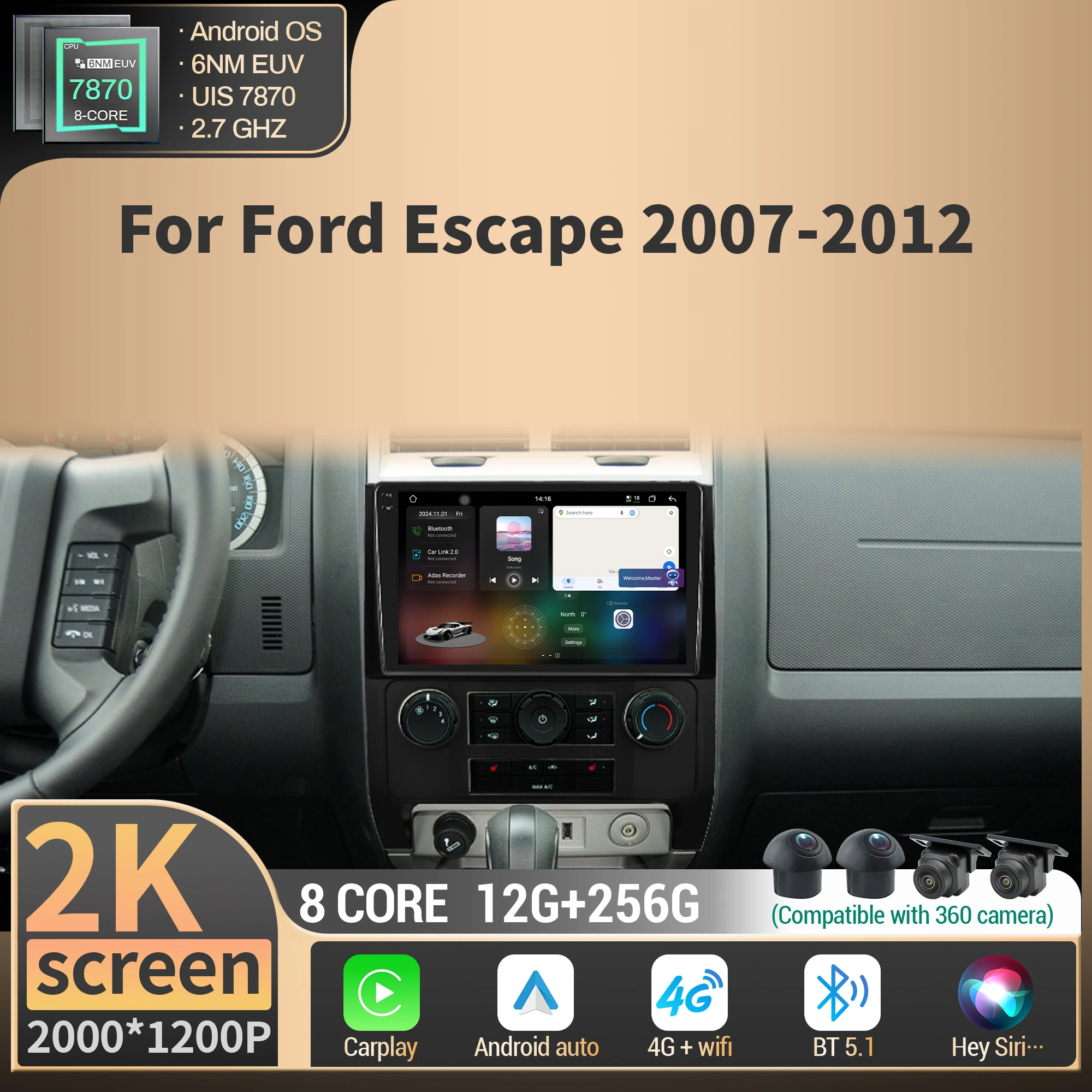 

For Ford Escape 2007-2012 Car Radio Multimedia Navigation 4G GPS Android Wireless BT CarPlay CPU 7870 2K QLED Screen Stereo
