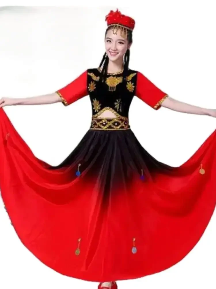 

1set/lot woman ethnic dancing red costumes female xinjiang dancing clothing chinese folk dance