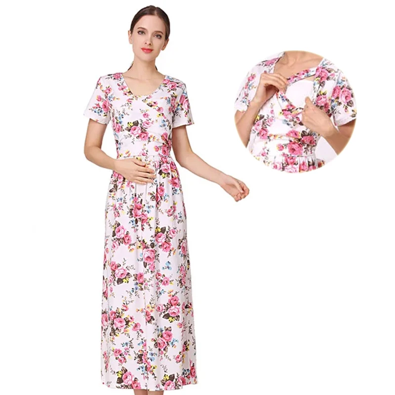 

NEW Floral Cotton Blend Maternity Clothes for Pregnant Women Lactation Dress Long Breastfeeding Dresses