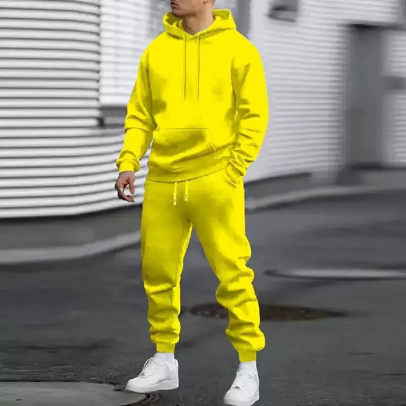 Men's Thickened Fleece Tracksuit Set Hoodie Sweatpants Solid Color Sportswear