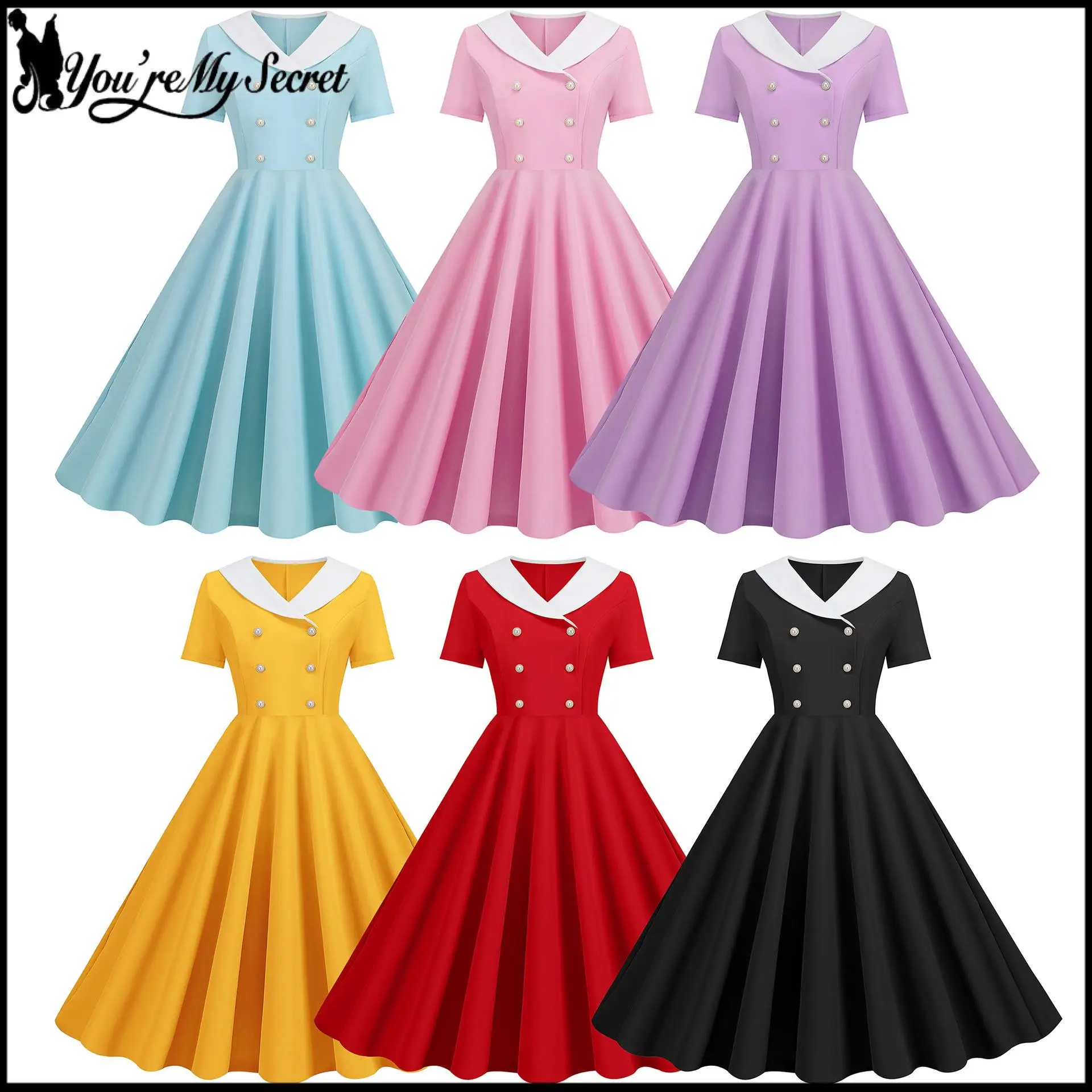 

[You're My Secret] Элегантное женское вечернее платье в стиле 50-х и 60-х годов, с короткими рукавами, в горошек, в стиле рокабилли, летняя одежда