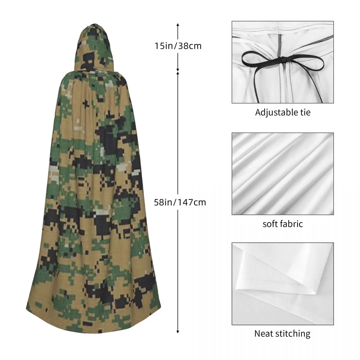 كامو التمويه العسكرية الغابات الجيش طويل مقنعين عباءة الساحرة القرون الوسطى زي تأثيري كيب هالوين مصاص دماء الكبار للجنسين