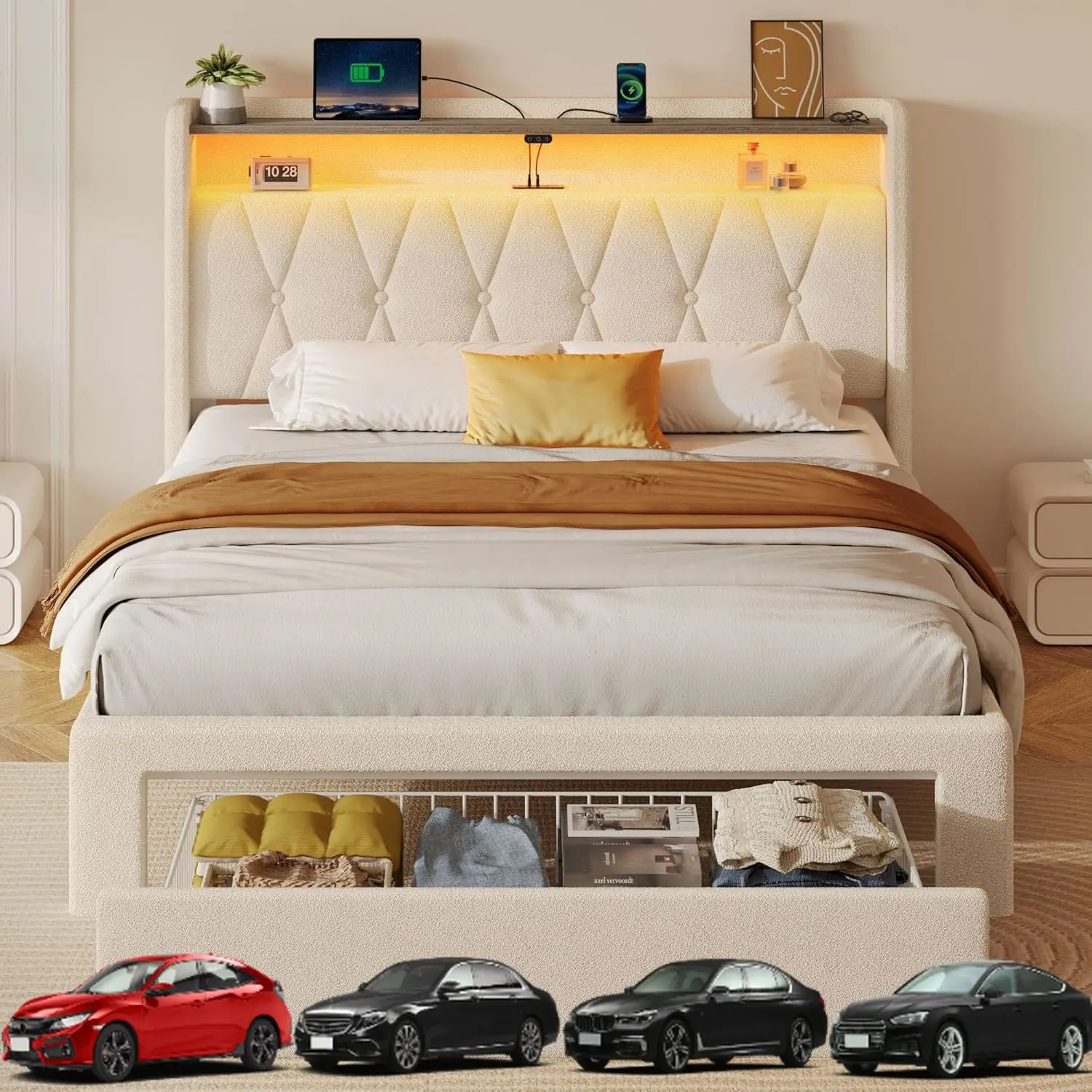 

Каркас двуспальной кровати Rolanstar с ящиком, изголовье для хранения вещей с зарядной станцией и светодиодной подсветкой, мягкая кровать с прочной обивкой Wo