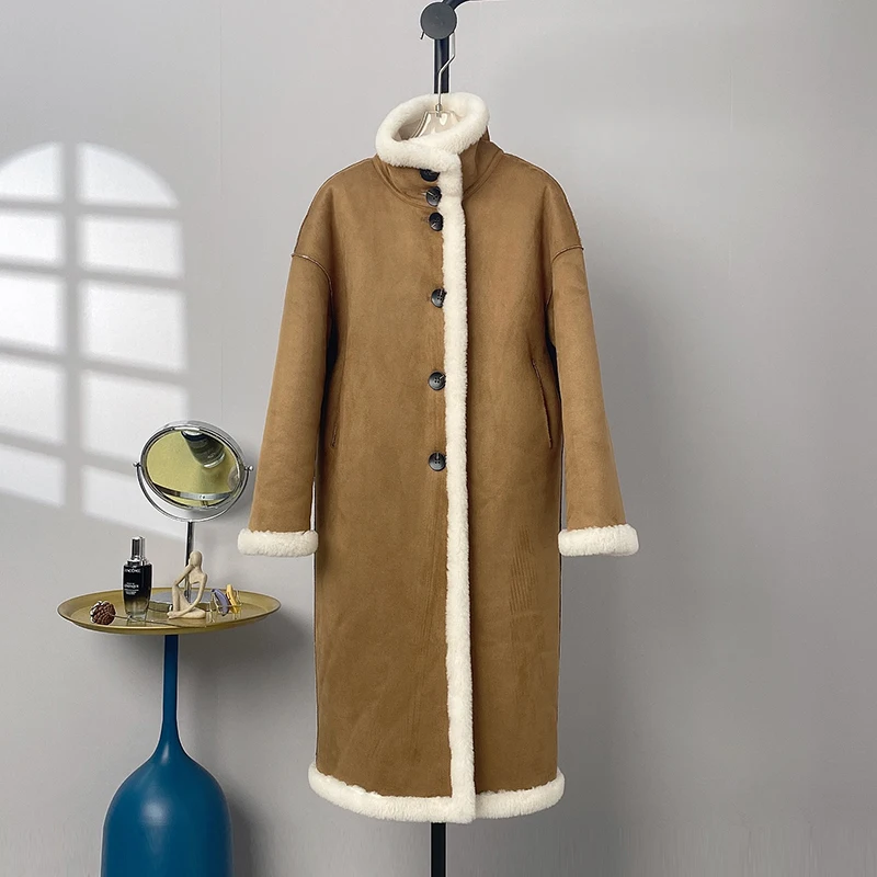 Abrigo de lana de cordero de doble cara para mujer, abrigo largo de piel de oveja para niña, Parka de invierno para joven, PT350