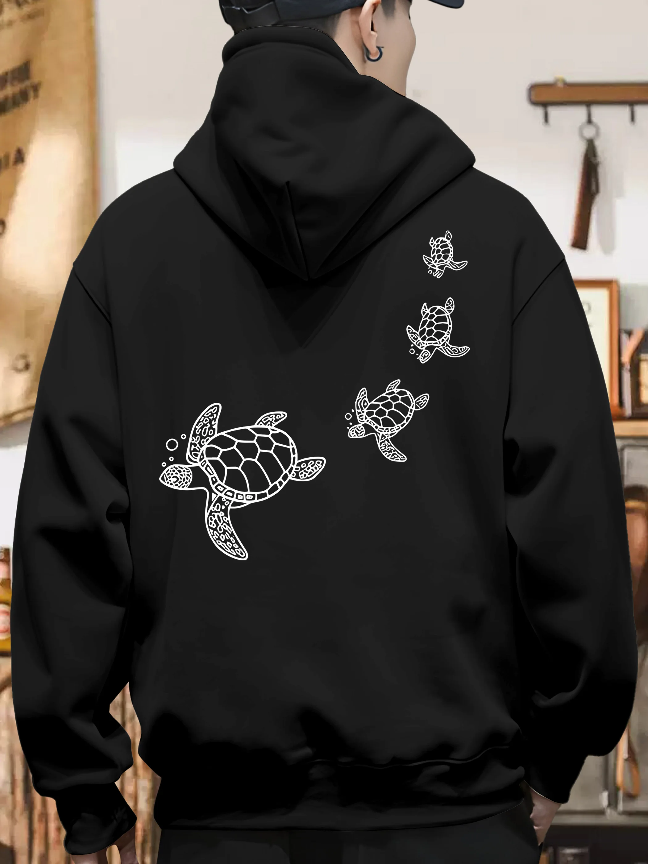 Ocean Nature Men's Hooded Sweatshirt - Turtle Family Simple Pattern Print - Street Retro Casual Fashion Kangaroo Hooded T-Shirt