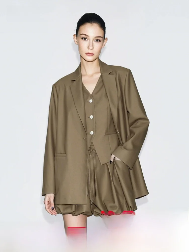 

Spring New Style Women's Suit Shoulder Pad Embroidery Letter Casual Loose Fit Mid-Length Single Button Long Sleeve Coat