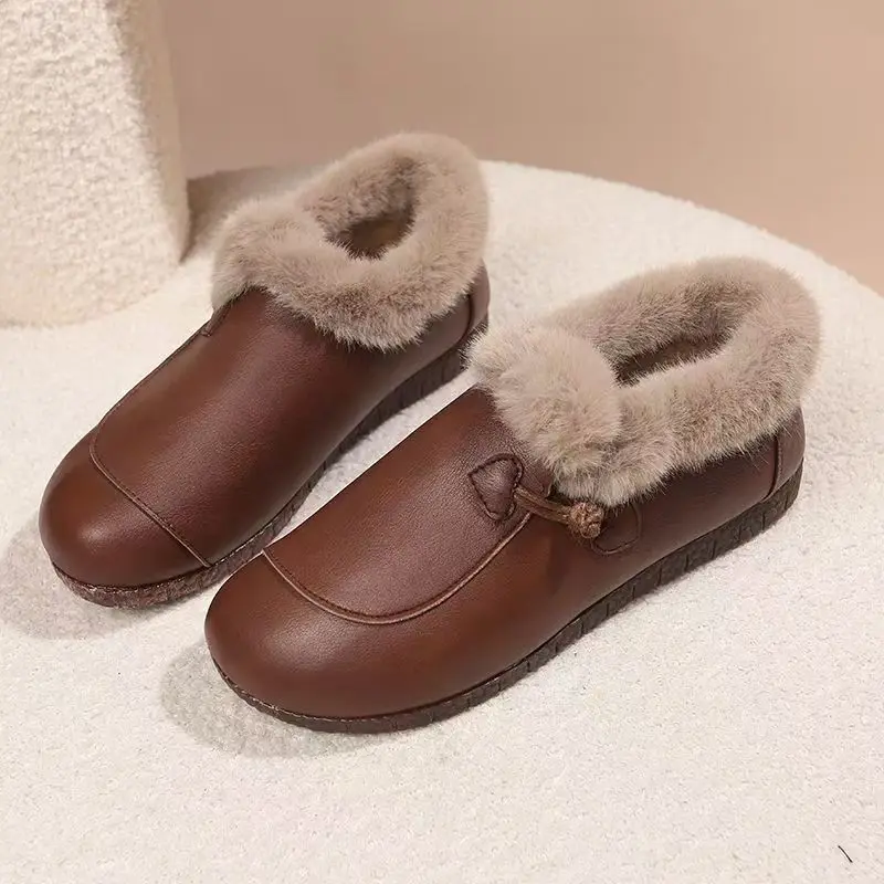 

Женские зимние новые кожаные ботильоны из хлопка с мягкой подошвой и нескользящим круглым носком, водонепроницаемые плюшевые теплые зимние ботинки на плоской подошве